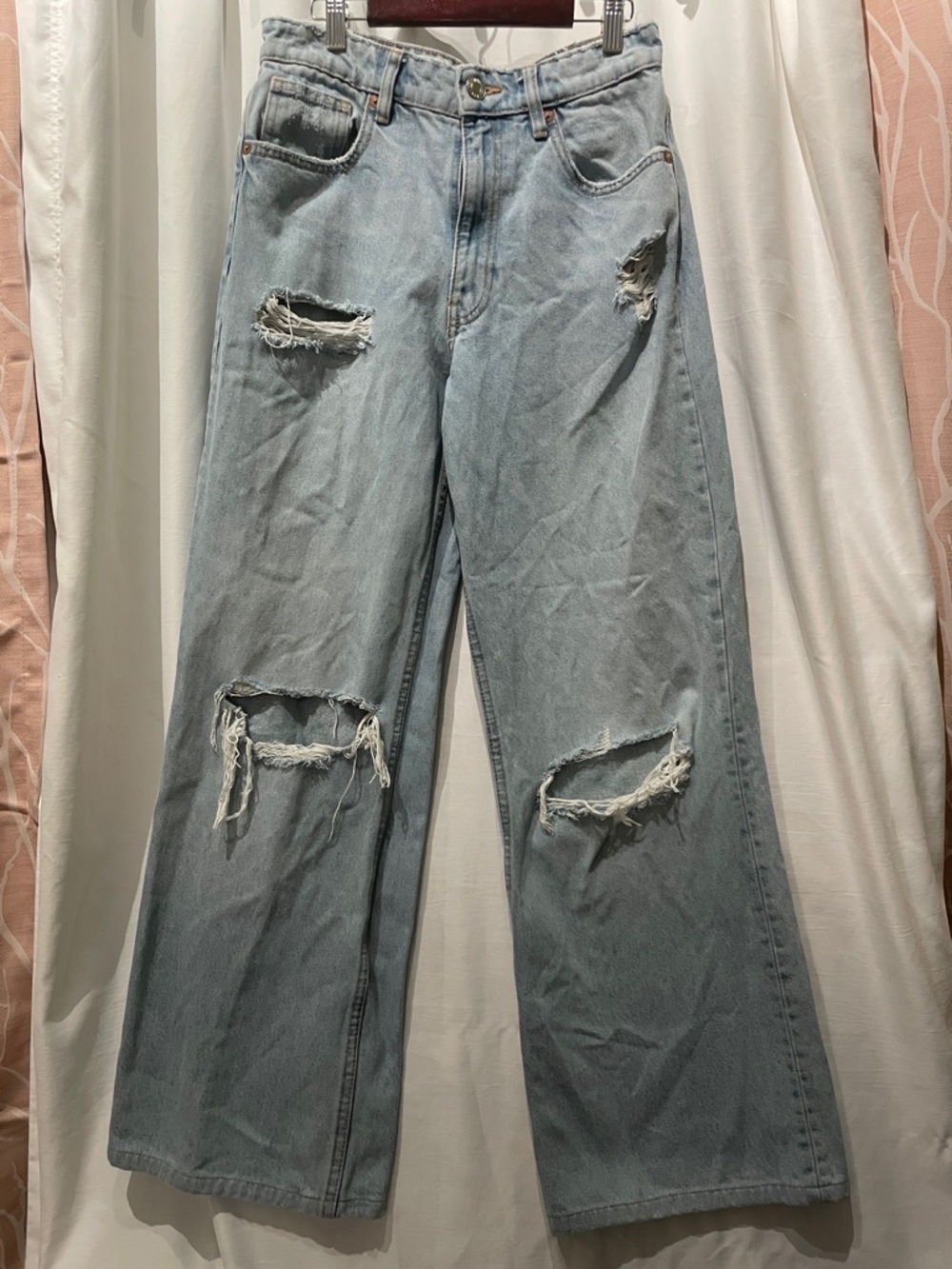 Zara Light Blue Distressed Wide-Leg Jeans